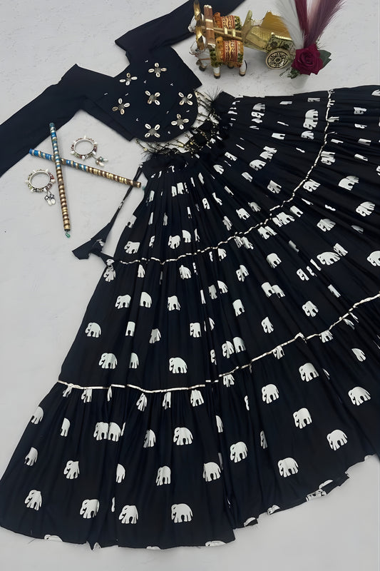 Elegant Black Cotton Navratri Lehenga Choli with Hand Work and Elephant Print Flared Skirt