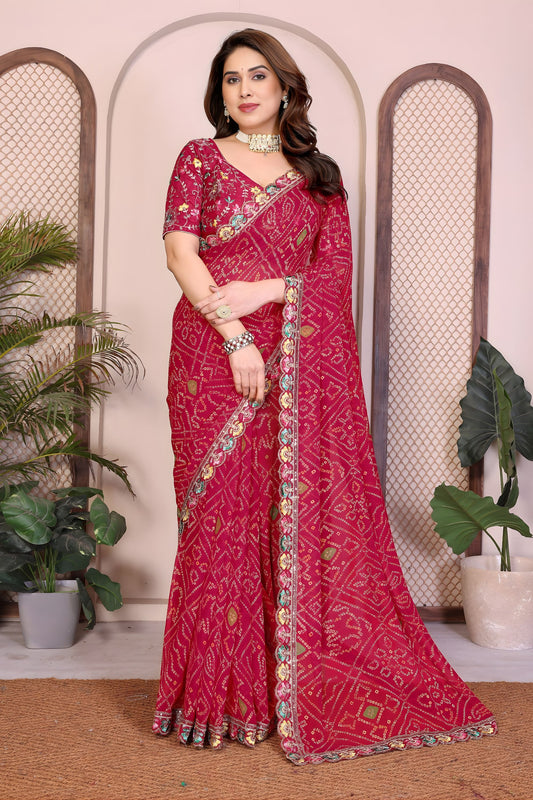 Elegant Rani Pink Bandhani Georgette Sare Embroidery Lace Border