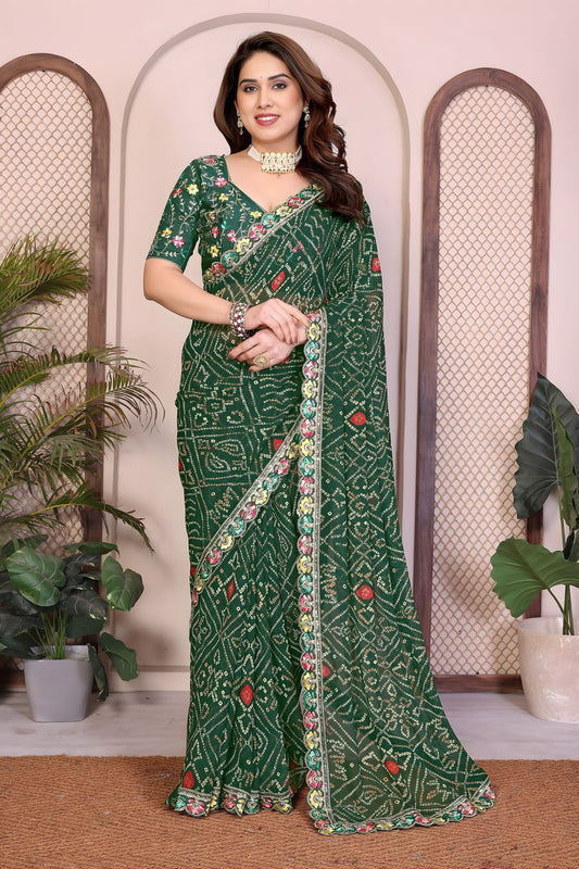 Gracefull Green Bandhani Georgette Saree Embroidery Lace Border