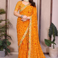 Stylish Mustard Yellow Bandhani Georgette Saree Embroidery Lace Border