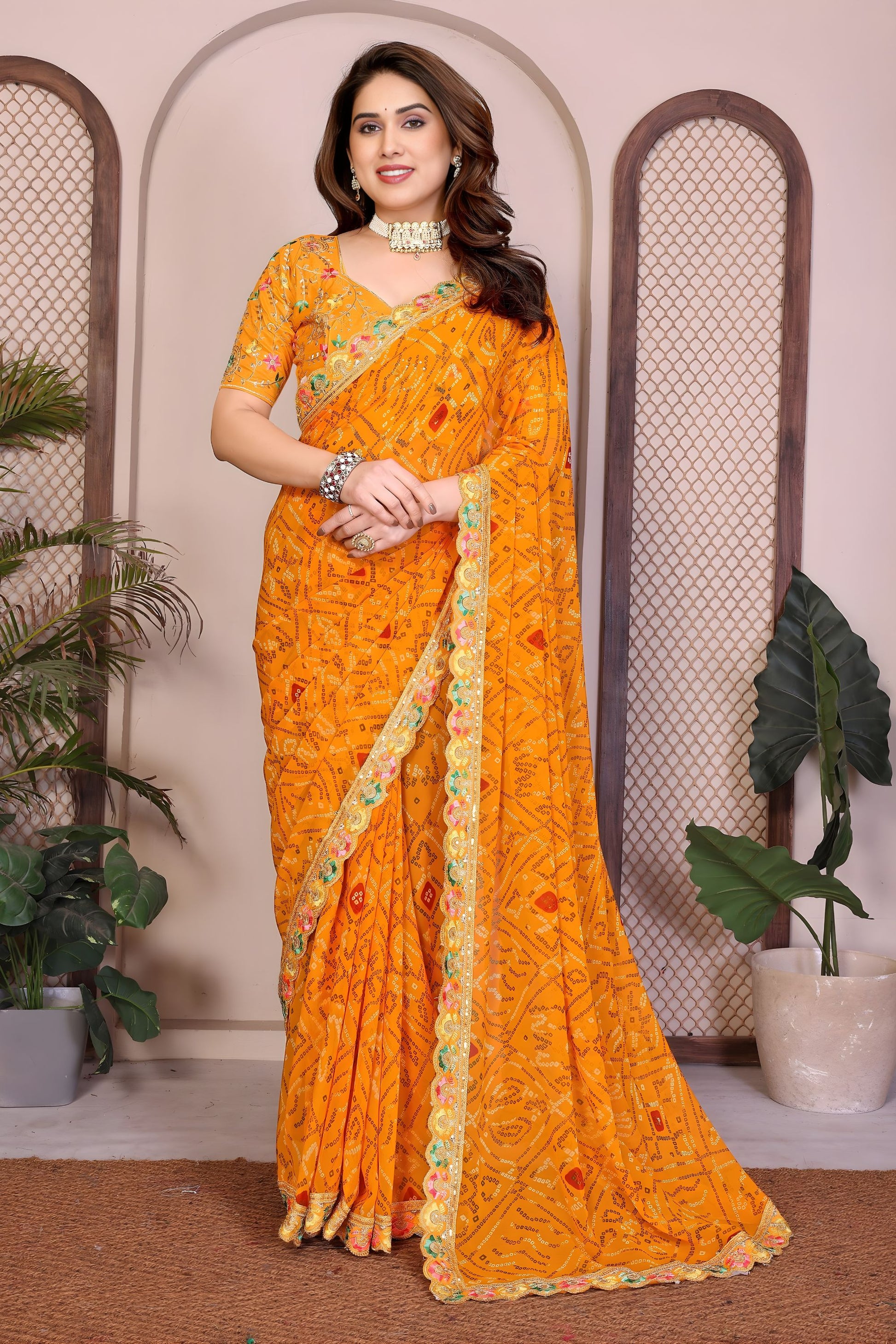 Stylish Mustard Yellow Bandhani Georgette Saree Embroidery Lace Border