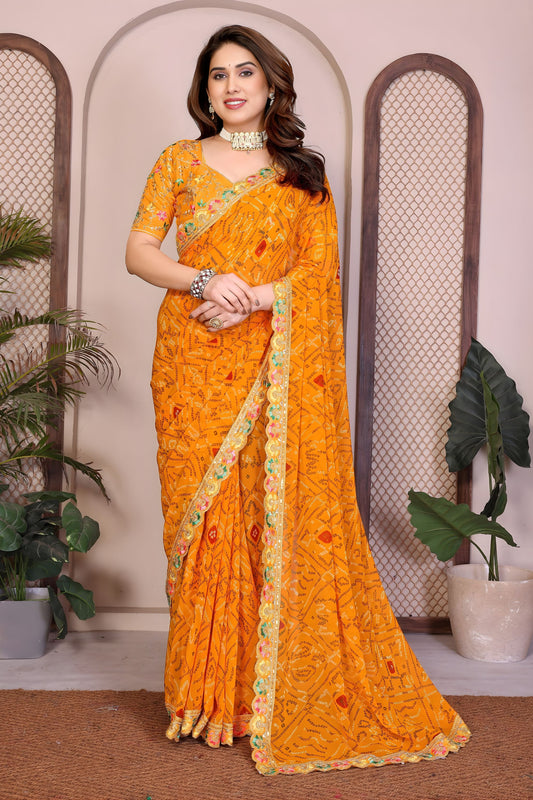 Stylish Mustard Yellow Bandhani Georgette Saree Embroidery Lace Border