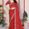 Premium Red Bandhani Georgette Saree Embroidery Lace Border