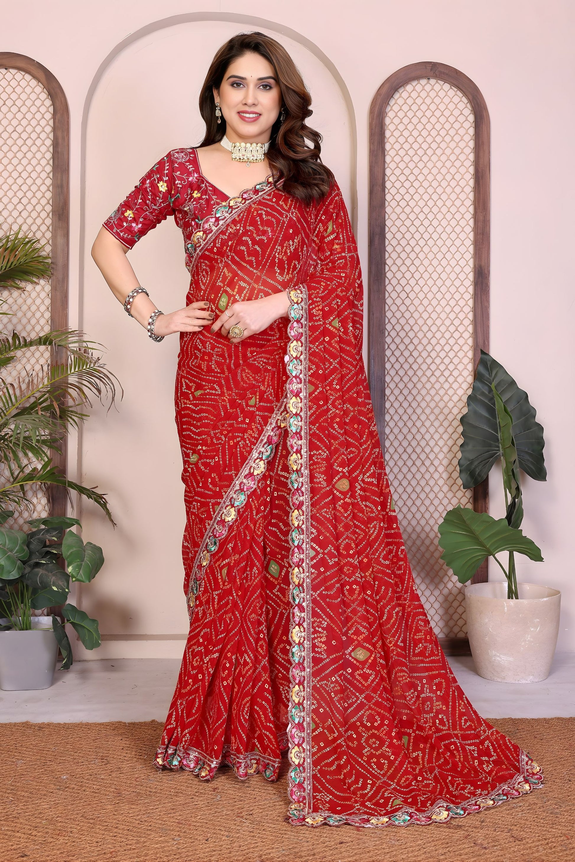 Premium Red Bandhani Georgette Saree Embroidery Lace Border
