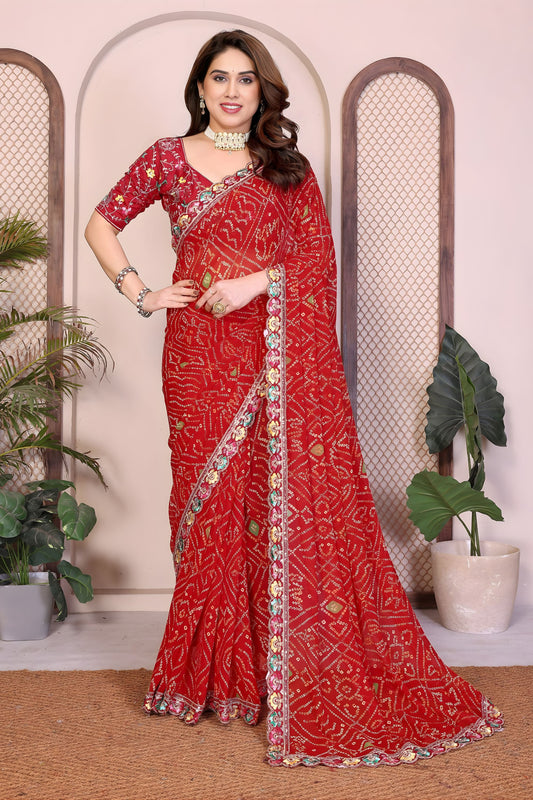 Premium Red Bandhani Georgette Saree Embroidery Lace Border