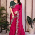 Elegant Rani Pink Fendy Chiffon Silk Saree Heavy Embroidery Work