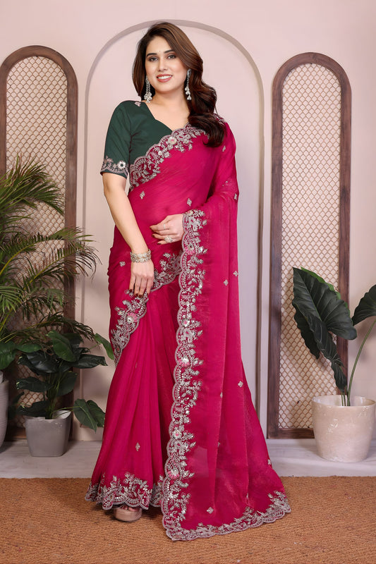 Elegant Rani Pink Fendy Chiffon Silk Saree Heavy Embroidery Work