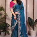 Royal Teal Blue Fendy Chiffon Silk Saree Heavy Embroidery Work