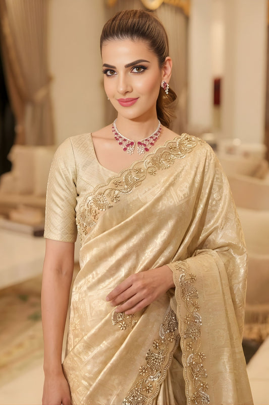 Luxury Gold Pure Kanjivaram Silk Sequins Embroidery Work Saree
