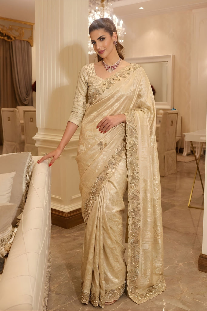 Luxury Gold Pure Kanjivaram Silk Sequins Embroidery Work Saree