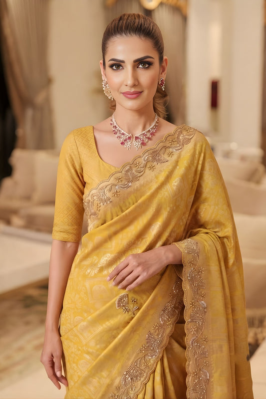 Premium Mustard Yellow Pure Kanjivaram Silk Sequin Embroidery Work Saree