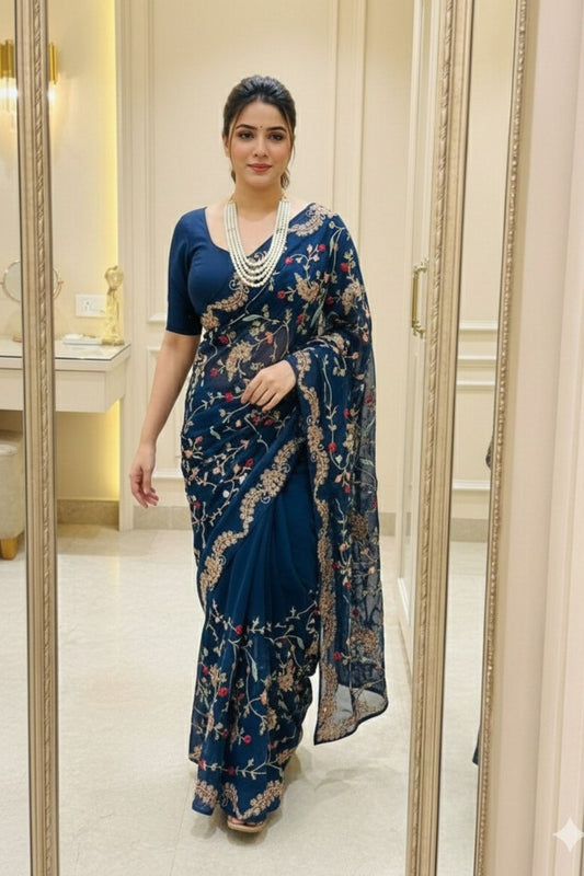 Elegant Navy Blue Rangoli Silk Embroidery Work Saree for Women
