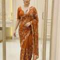 Graceful Rust Orange Rangoli Silk Embroidery Work Saree for Women