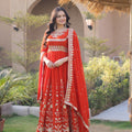 Stunning Orange Red Faux Georgette Designer Gown with Heavy Embroidery Work and Dupatta