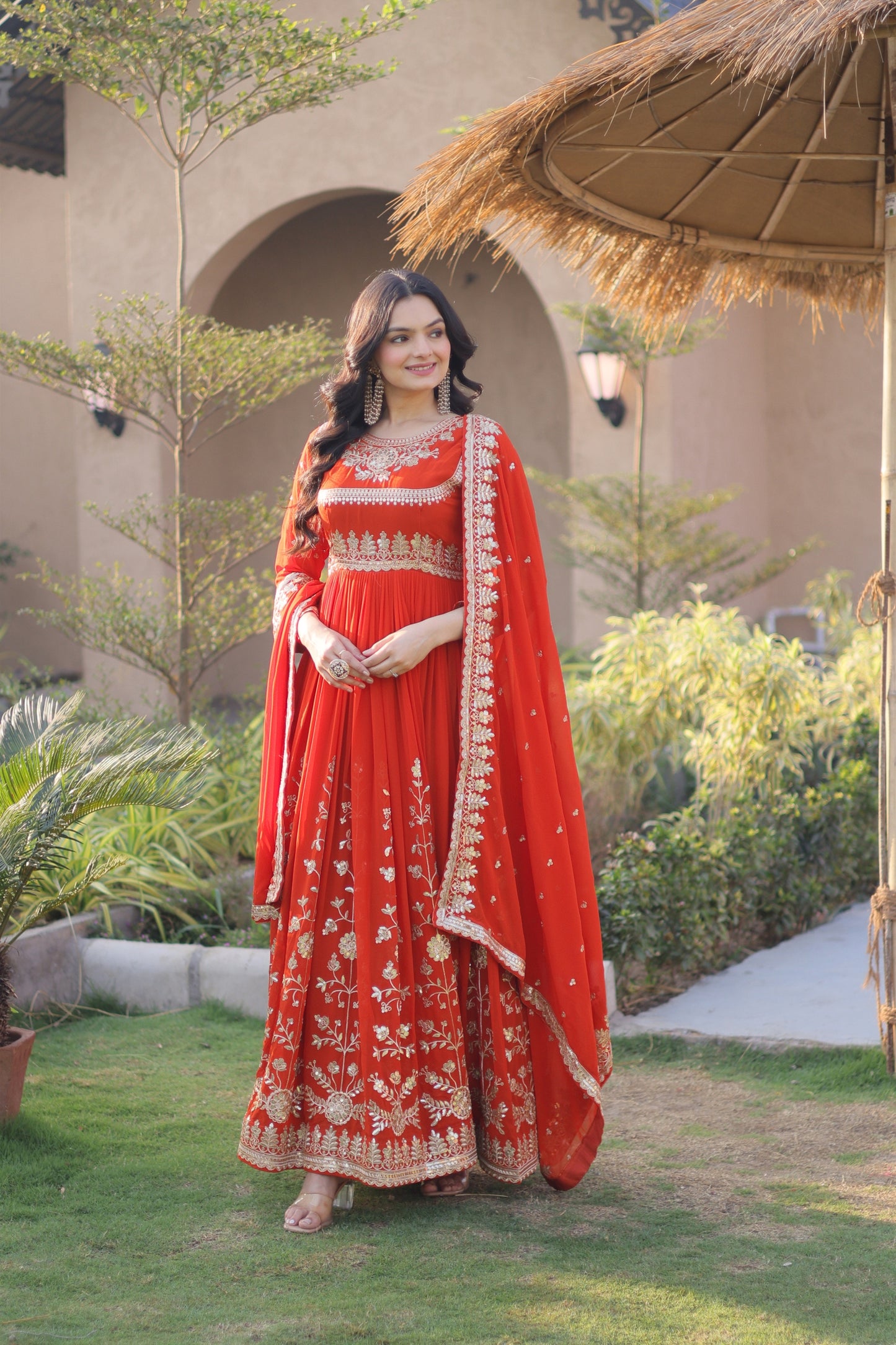 Stunning Orange Red Faux Georgette Designer Gown with Heavy Embroidery Work and Dupatta