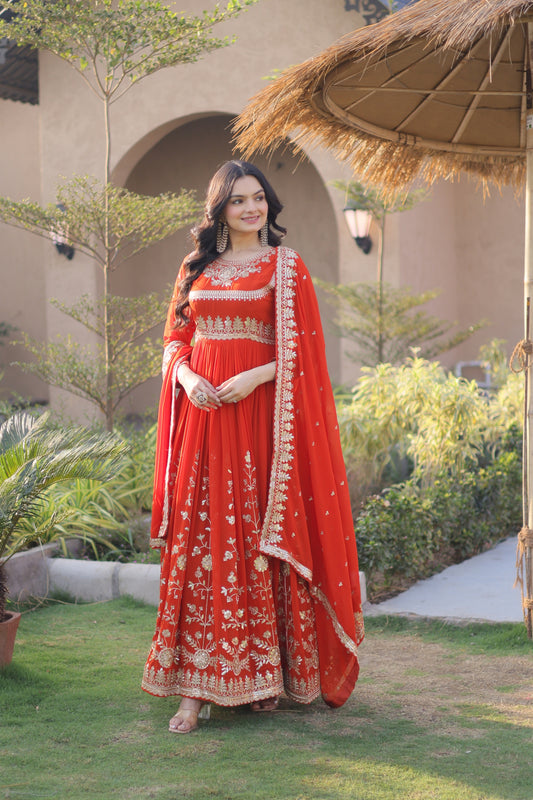 Stunning Orange Red Faux Georgette Designer Gown with Heavy Embroidery Work and Dupatta