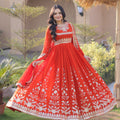 Stunning Orange Red Faux Georgette Designer Gown with Heavy Embroidery Work and Dupatta
