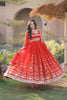 Stunning Orange Red Faux Georgette Designer Gown with Heavy Embroidery Work and Dupatta