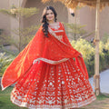 Stunning Orange Red Faux Georgette Designer Gown with Heavy Embroidery Work and Dupatta