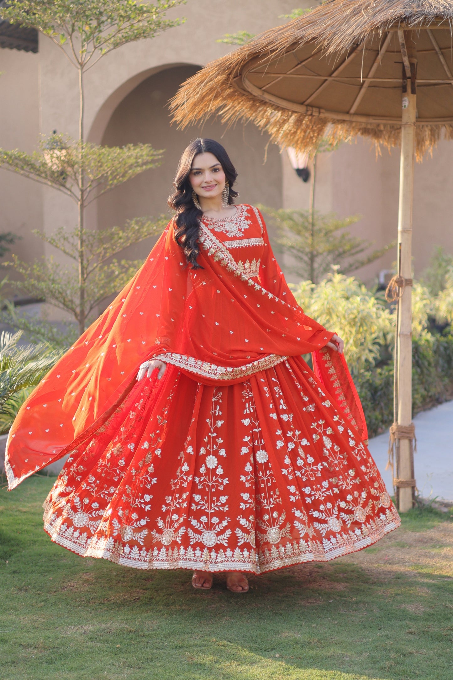 Stunning Orange Red Faux Georgette Designer Gown with Heavy Embroidery Work and Dupatta
