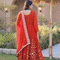 Stunning Orange Red Faux Georgette Designer Gown with Heavy Embroidery Work and Dupatta