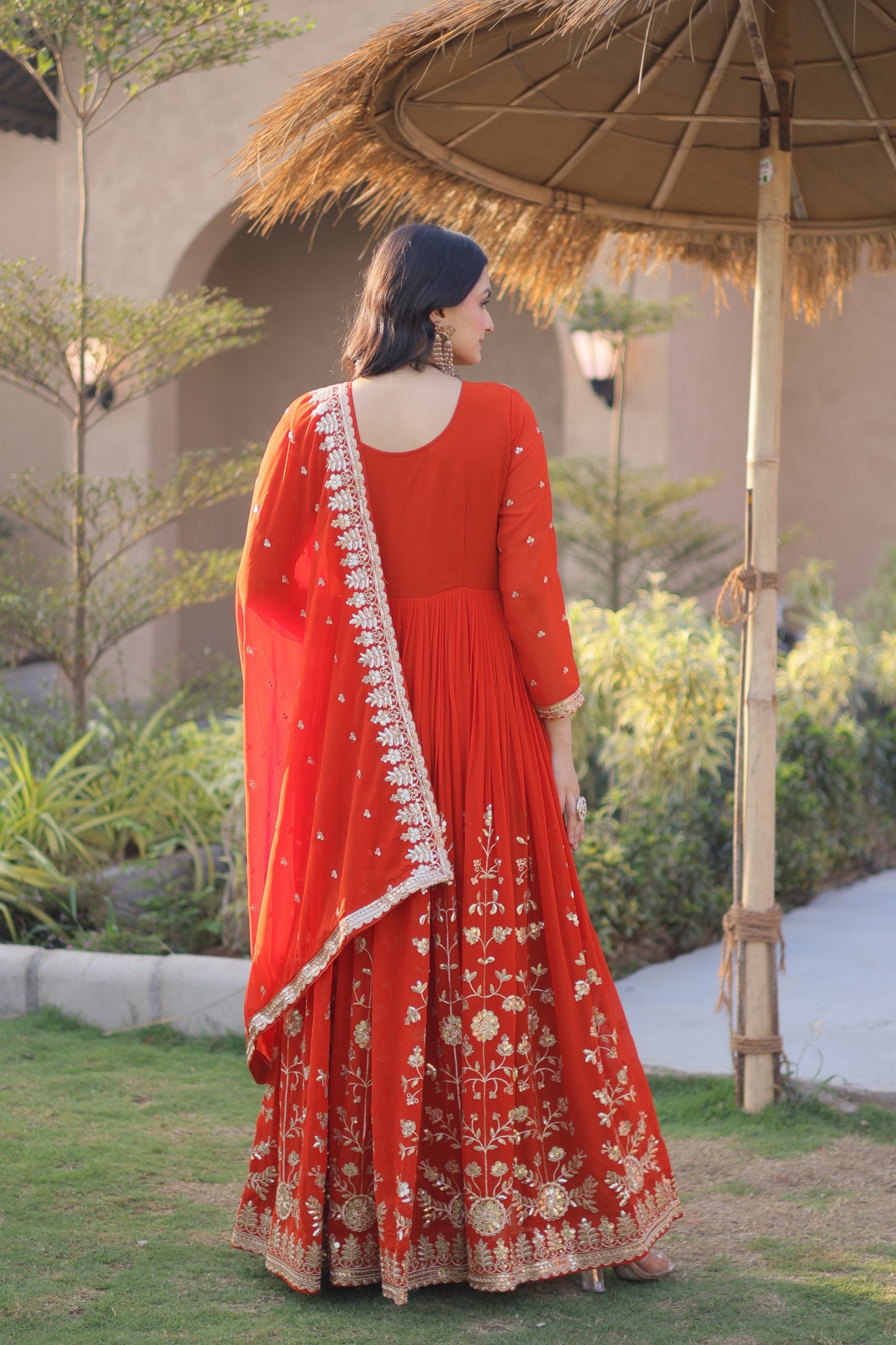Stunning Orange Red Faux Georgette Designer Gown with Heavy Embroidery Work and Dupatta