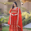 Stunning Orange Red Faux Georgette Designer Gown with Heavy Embroidery Work and Dupatta