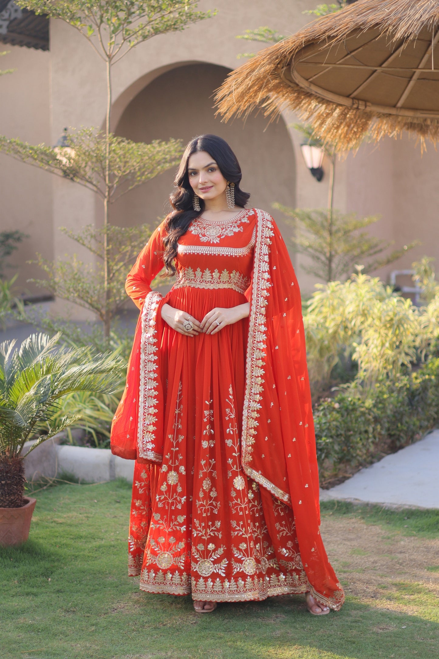 Stunning Orange Red Faux Georgette Designer Gown with Heavy Embroidery Work and Dupatta