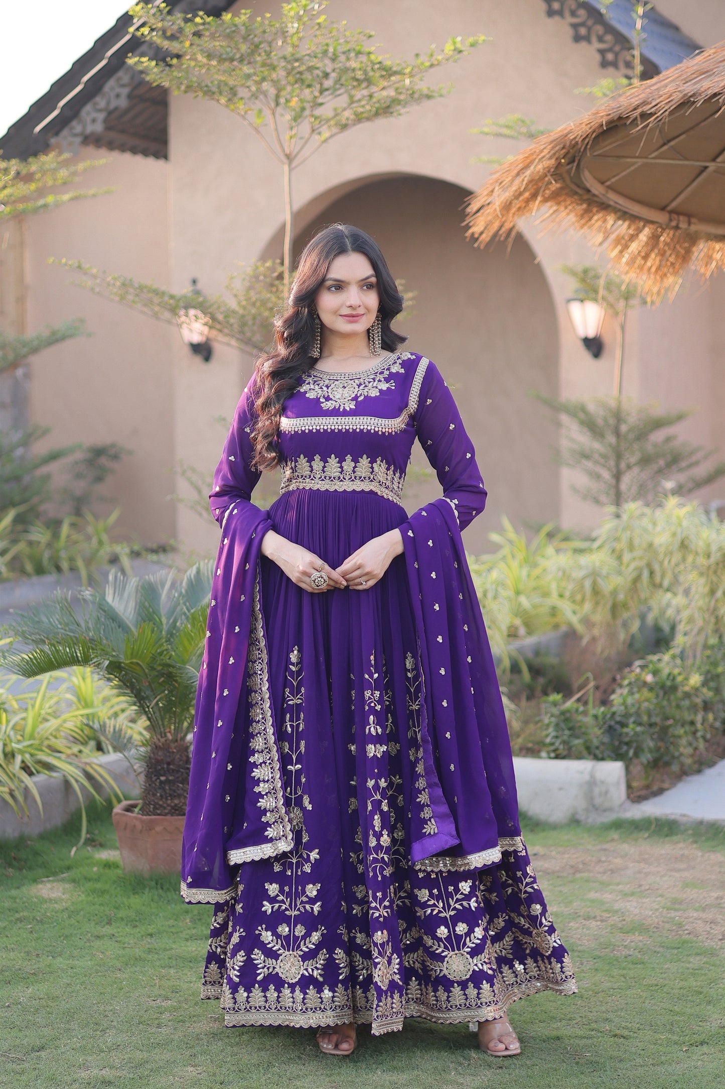 Awesome Purple Faux Georgette Designer Gown with Heavy Embroidery Work and Dupatta