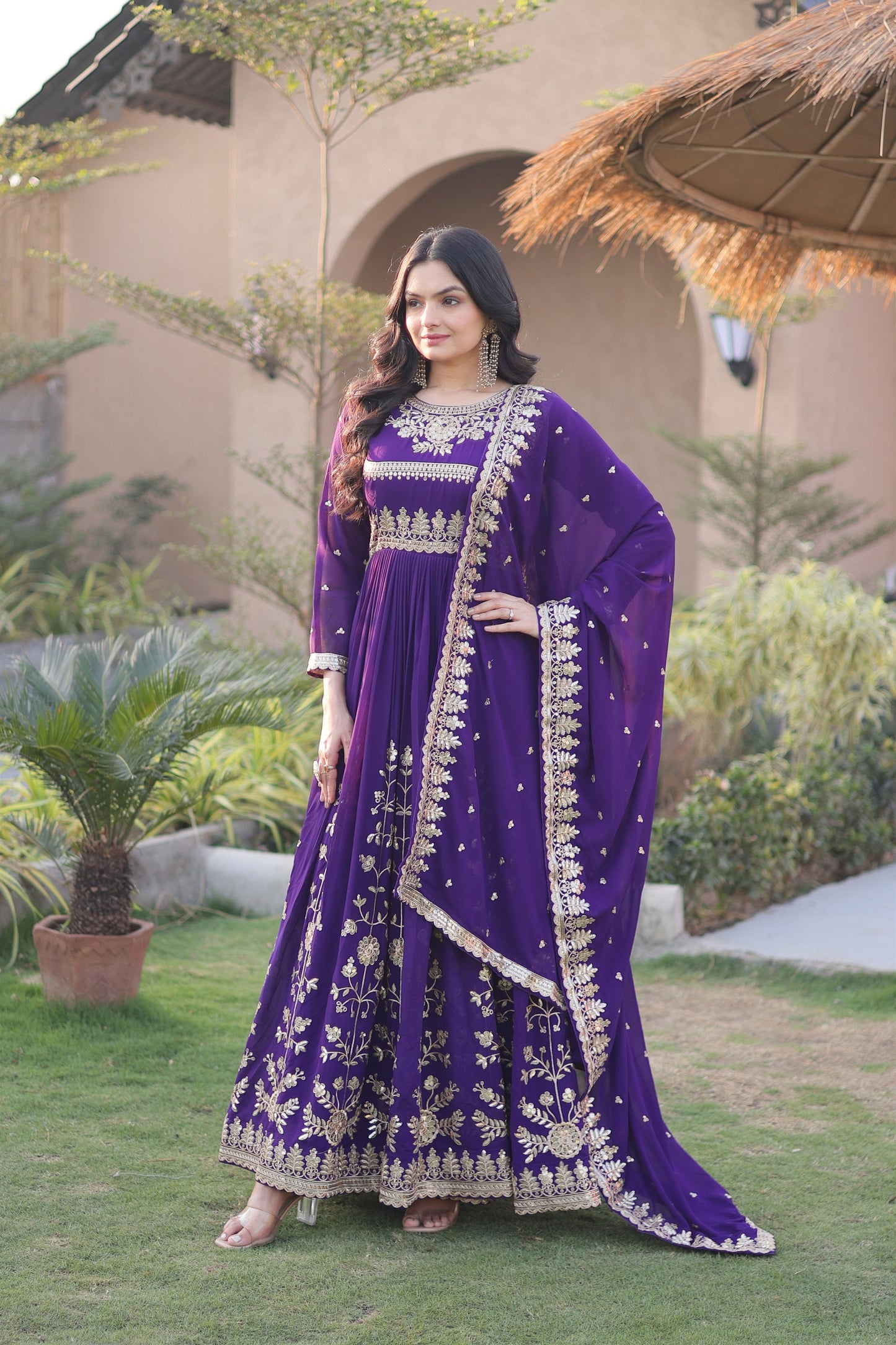 Awesome Purple Faux Georgette Designer Gown with Heavy Embroidery Work and Dupatta