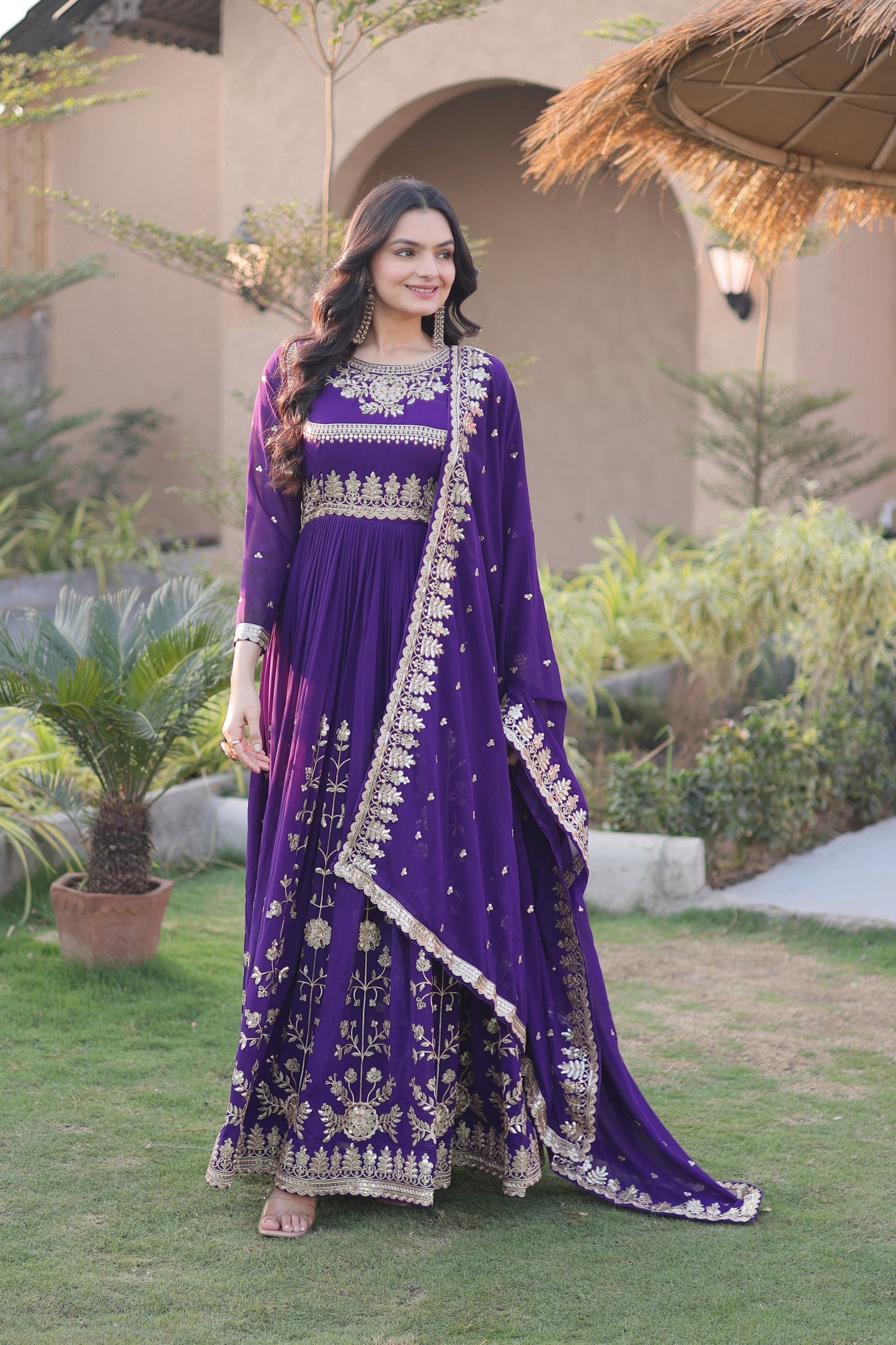 Awesome Purple Faux Georgette Designer Gown with Heavy Embroidery Work and Dupatta