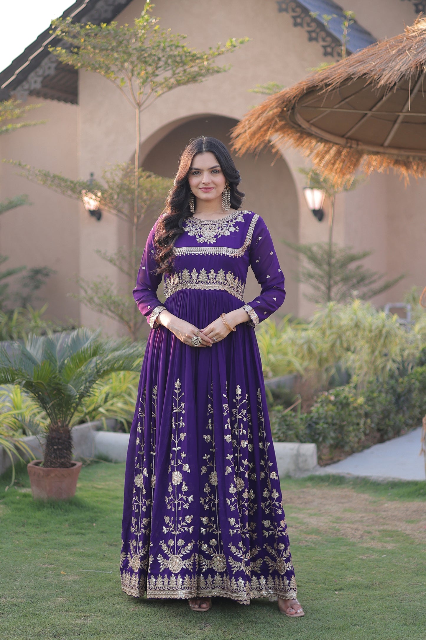 Awesome Purple Faux Georgette Designer Gown with Heavy Embroidery Work and Dupatta