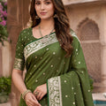 Premium Olive Green Soft Pure Banarasi Silk Saree Zari Weaving for Women
