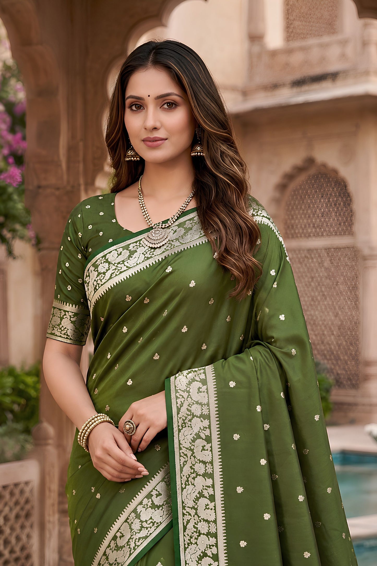 Premium Olive Green Soft Pure Banarasi Silk Saree Zari Weaving for Women