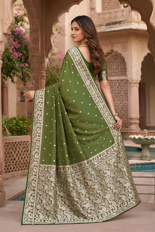 Premium Olive Green Soft Pure Banarasi Silk Saree Zari Weaving for Women