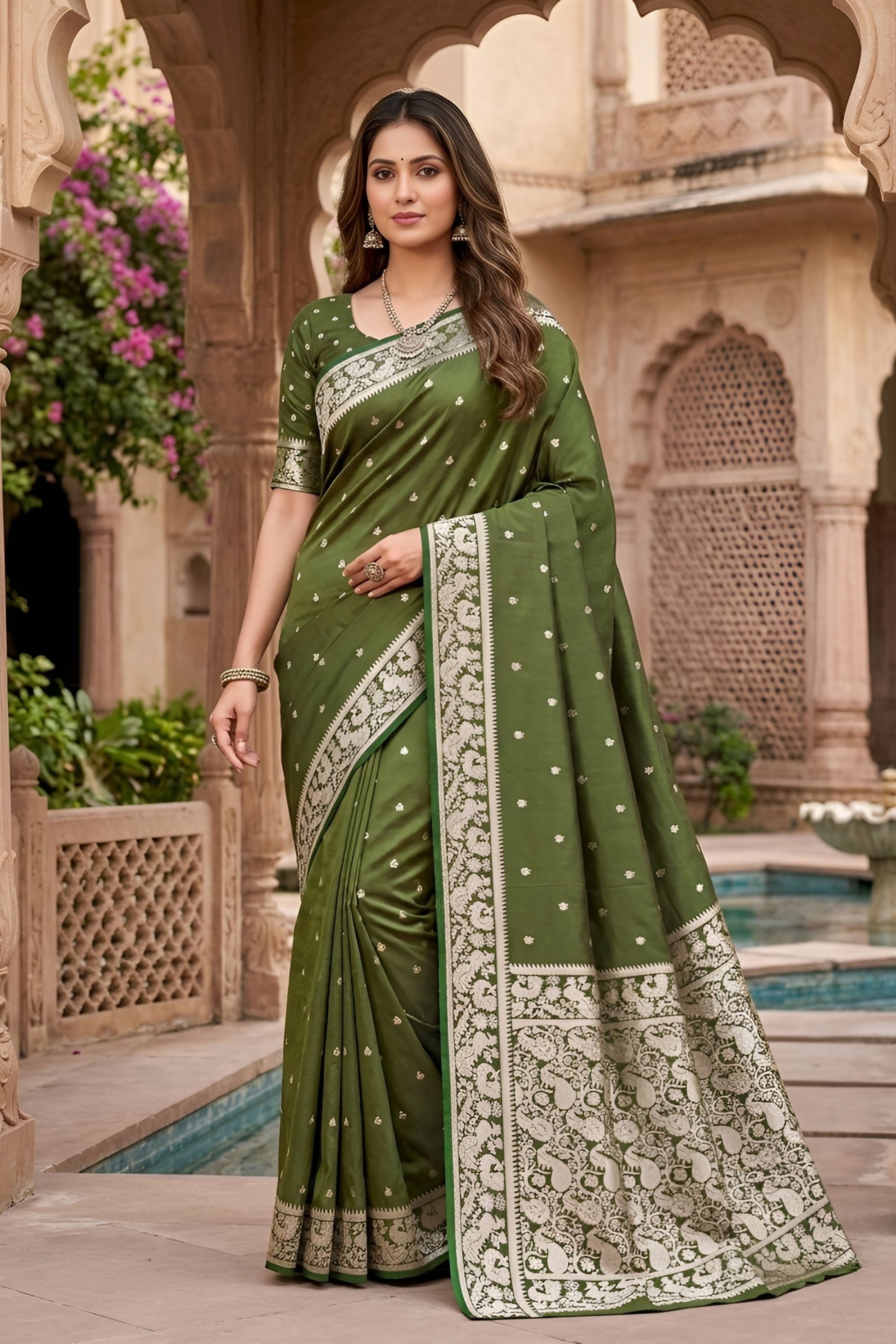 Premium Olive Green Soft Pure Banarasi Silk Saree Zari Weaving for Women