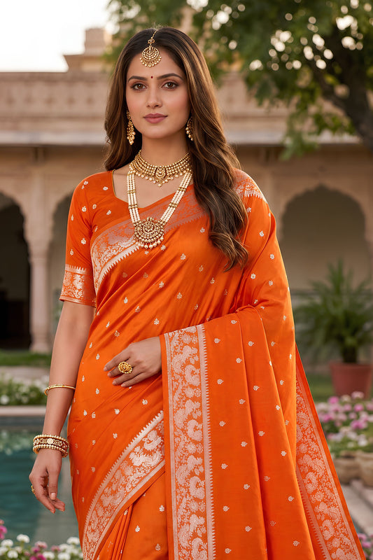 Traditional Orange Soft Pure Banarasi Silk Saree Zari Weaving for Women