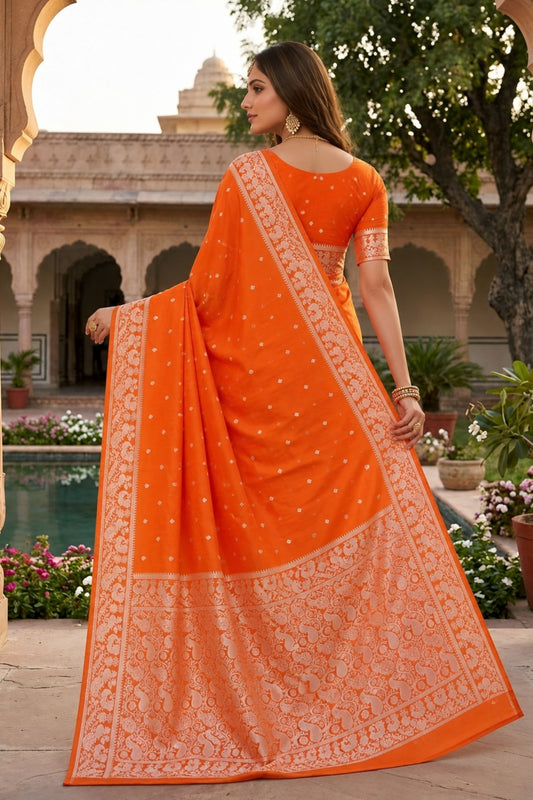 Traditional Orange Soft Pure Banarasi Silk Saree Zari Weaving for Women