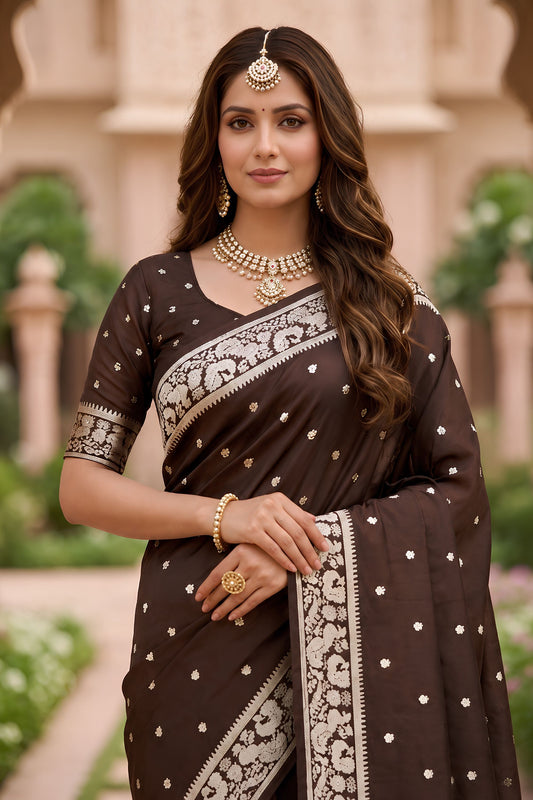 Stylish Chocolate Brown Soft Pure Banarasi Silk Saree Zari Weaving for Women