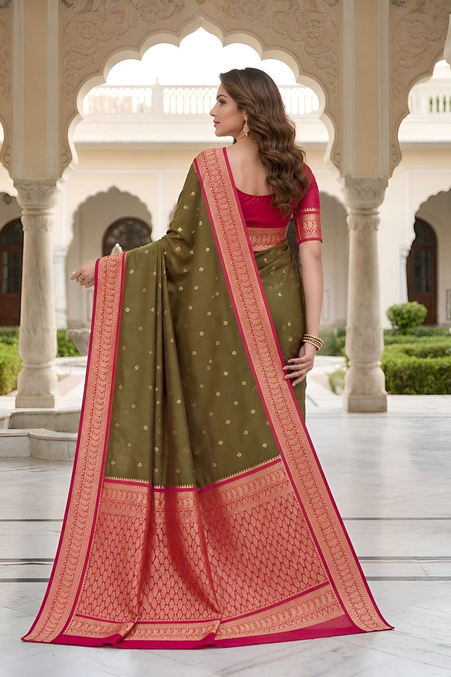Graceful Olive Green Soft Pure Banarasi Silk Saree Zari Weaving for Women