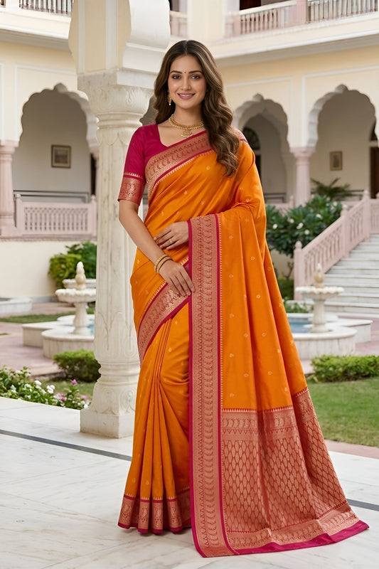 Premium Mustard Orange Soft Pure Banarasi Silk Saree Zari Weaving for Women