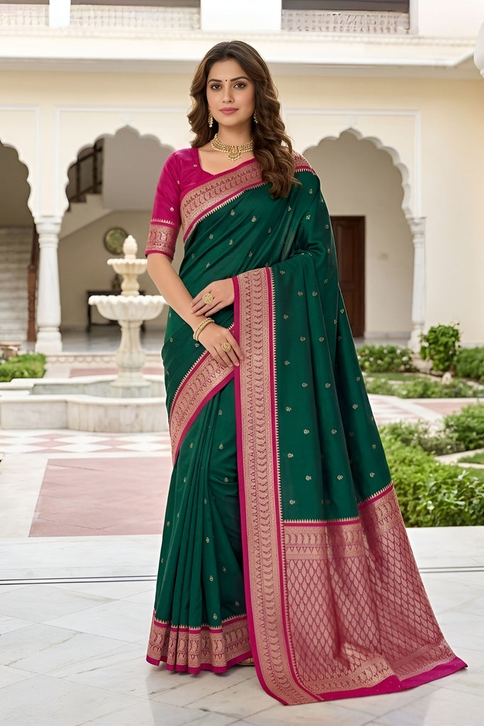 Elegant Emerald Green Soft Pure Banarasi Silk Saree Zari Weaving for Women