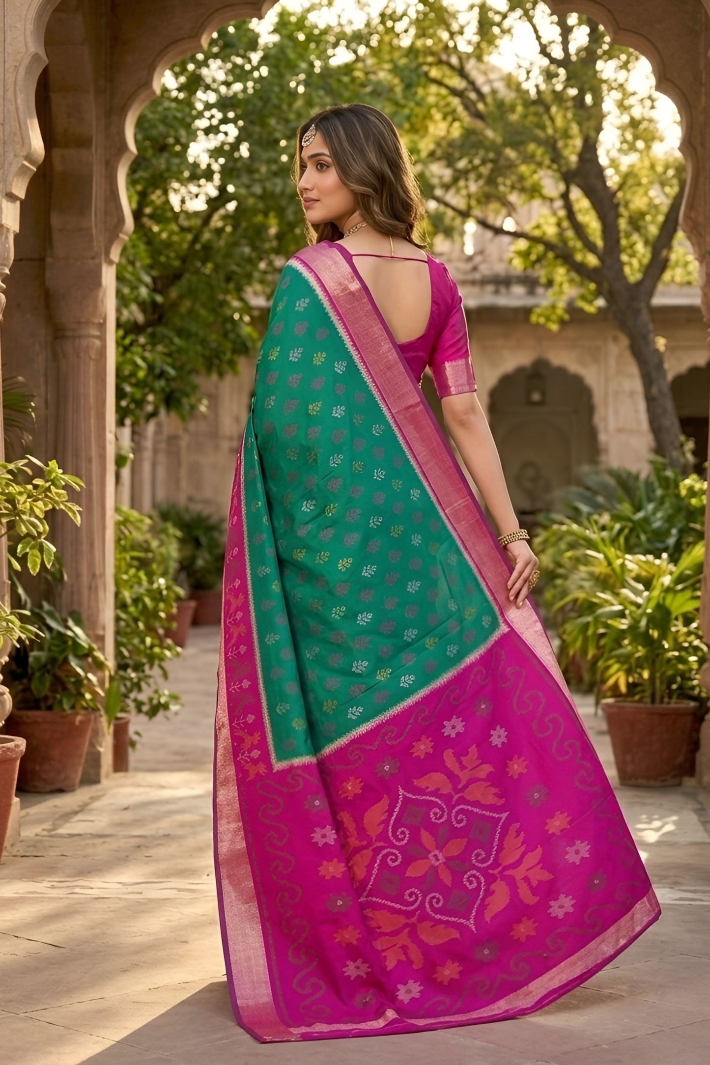 Elegant Sea Green Ikkat Silk Blend Saree Pattern Woven Work for Women