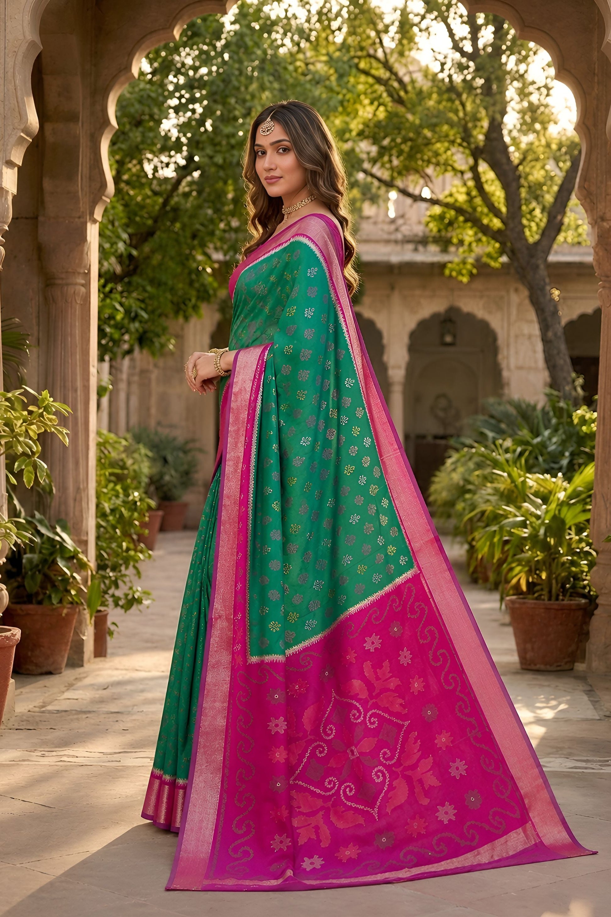 Elegant Sea Green Ikkat Silk Blend Saree Pattern Woven Work for Women
