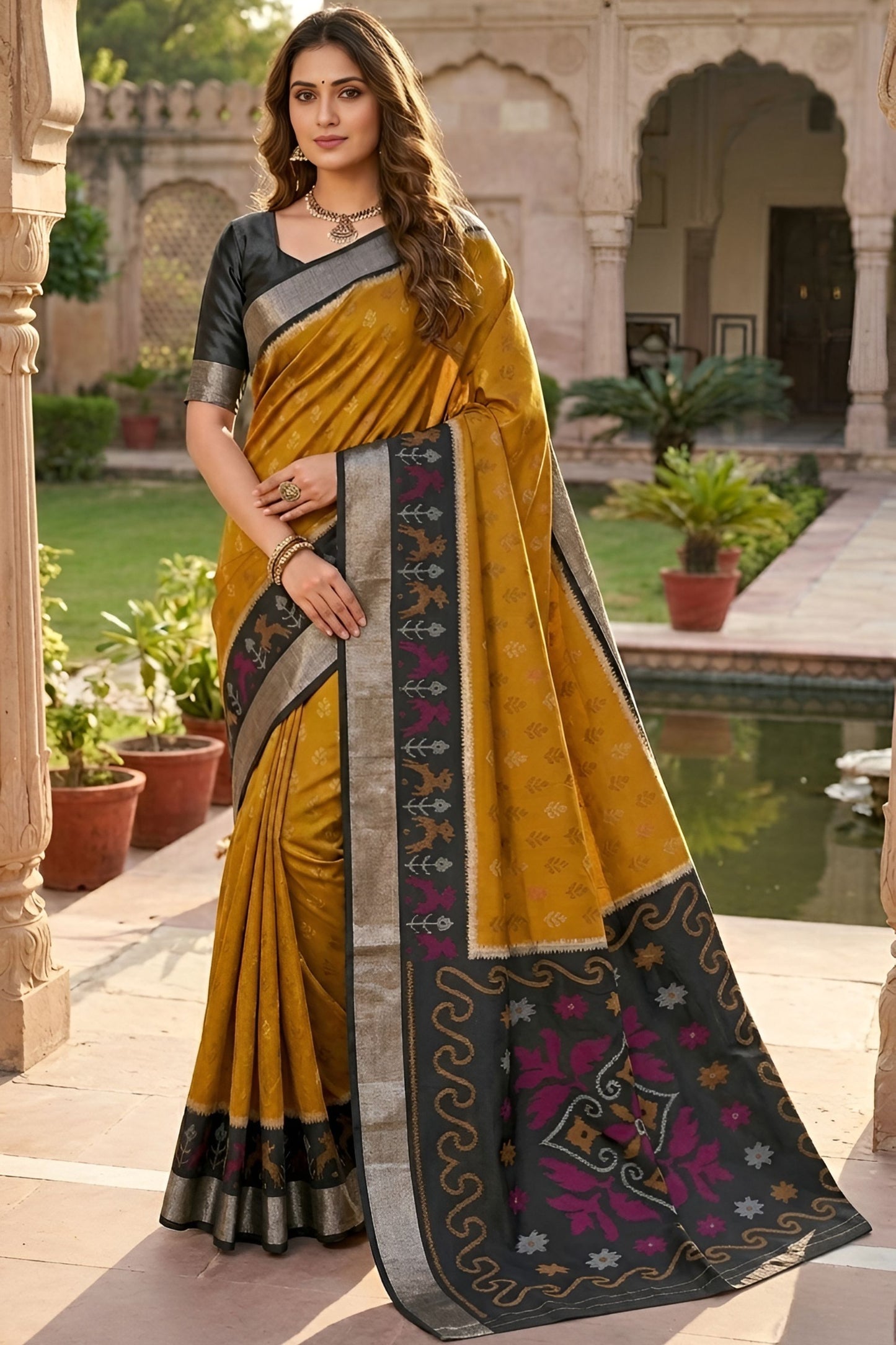Stylish Mustard Yellow Ikkat Silk Blend Saree Woven Work for Women