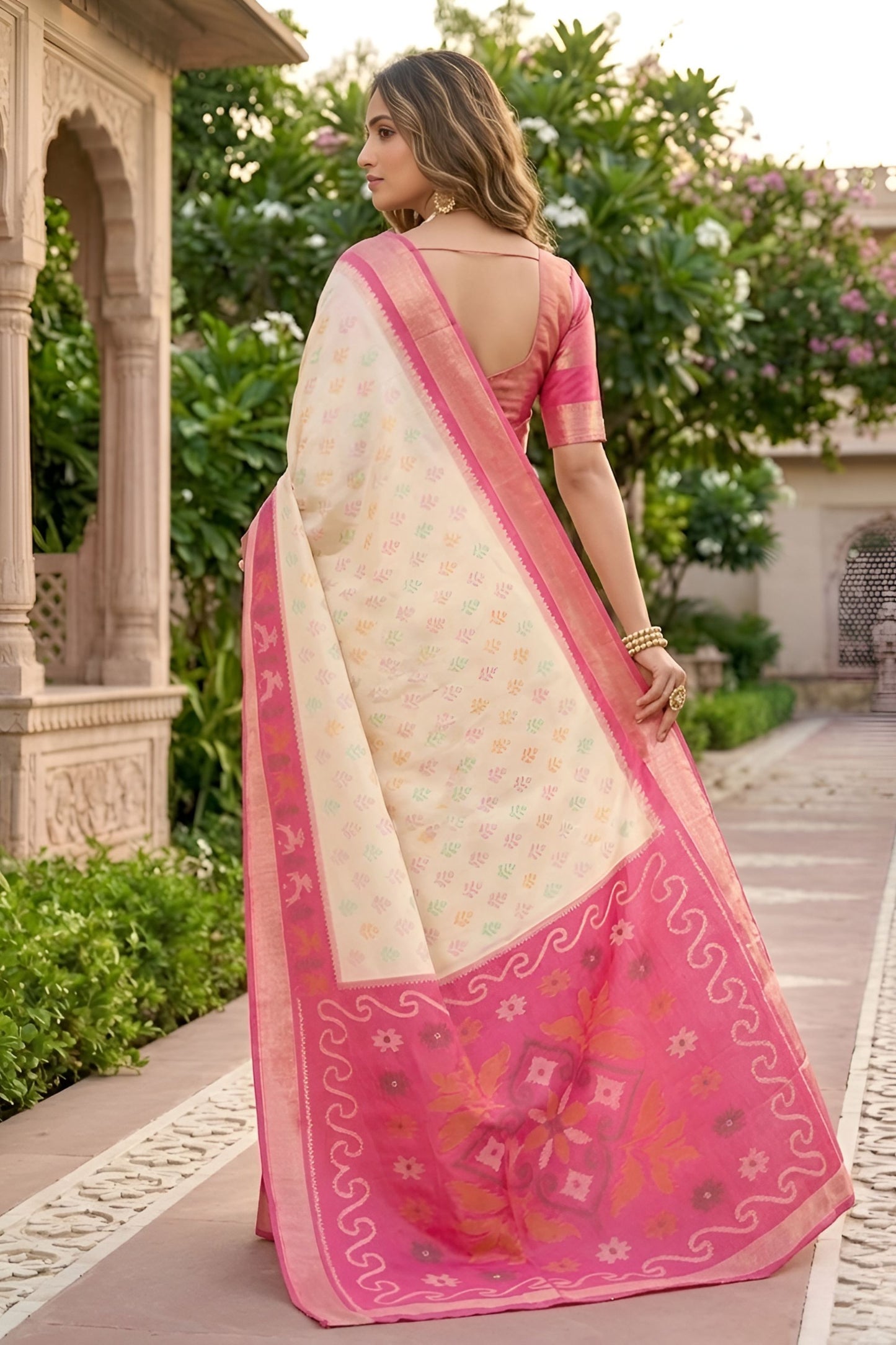Lovely Off White Ikkat Silk Blend Saree Woven Work for Women