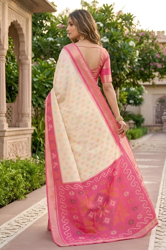 Lovely Off White Ikkat Silk Blend Saree Woven Work for Women