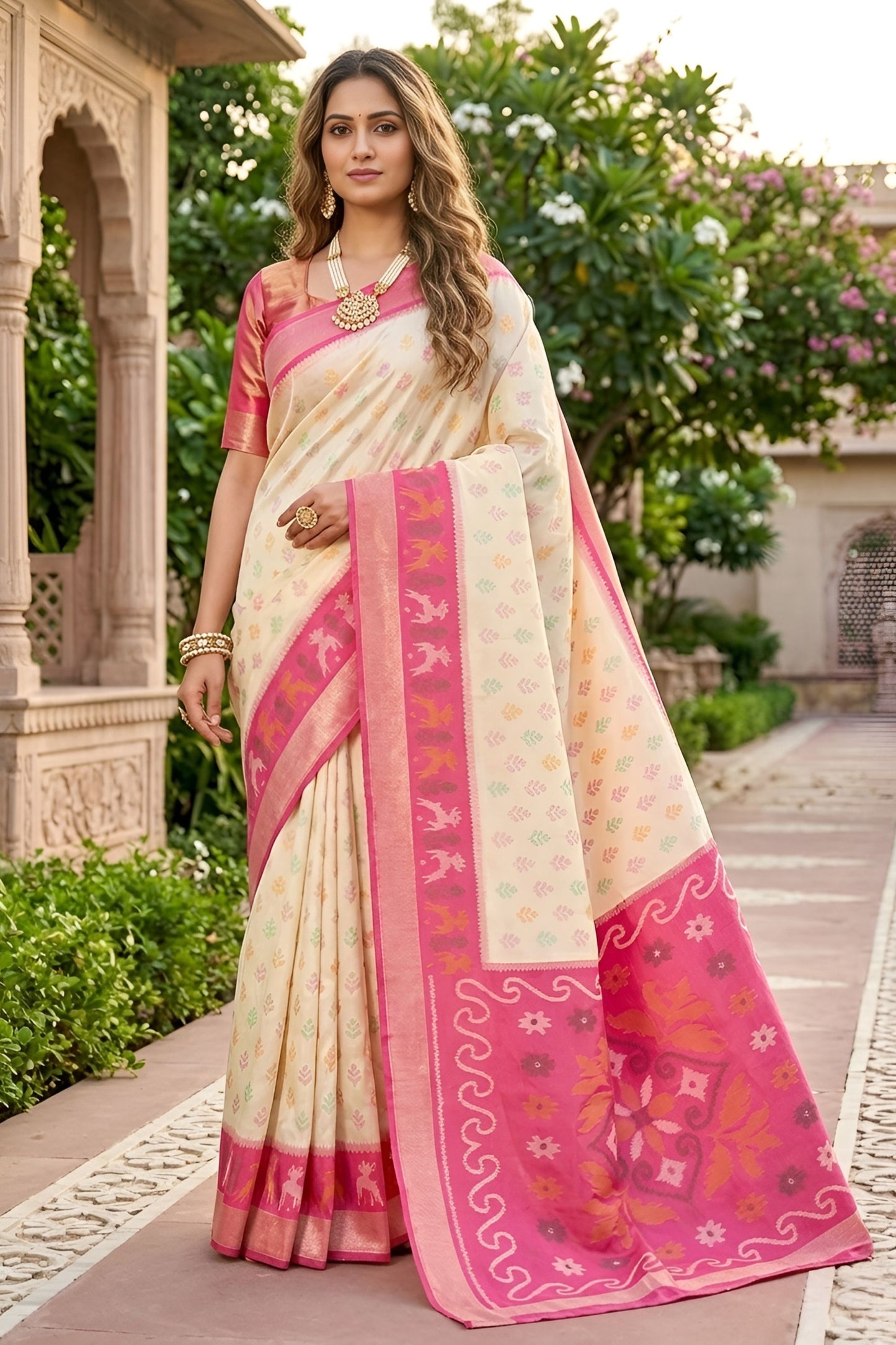 Lovely Off White Ikkat Silk Blend Saree Woven Work for Women