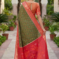 Beautiful Olive Green Ikkat Silk Blend Saree Woven Work for Women