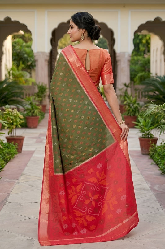 Beautiful Olive Green Ikkat Silk Blend Saree Woven Work for Women